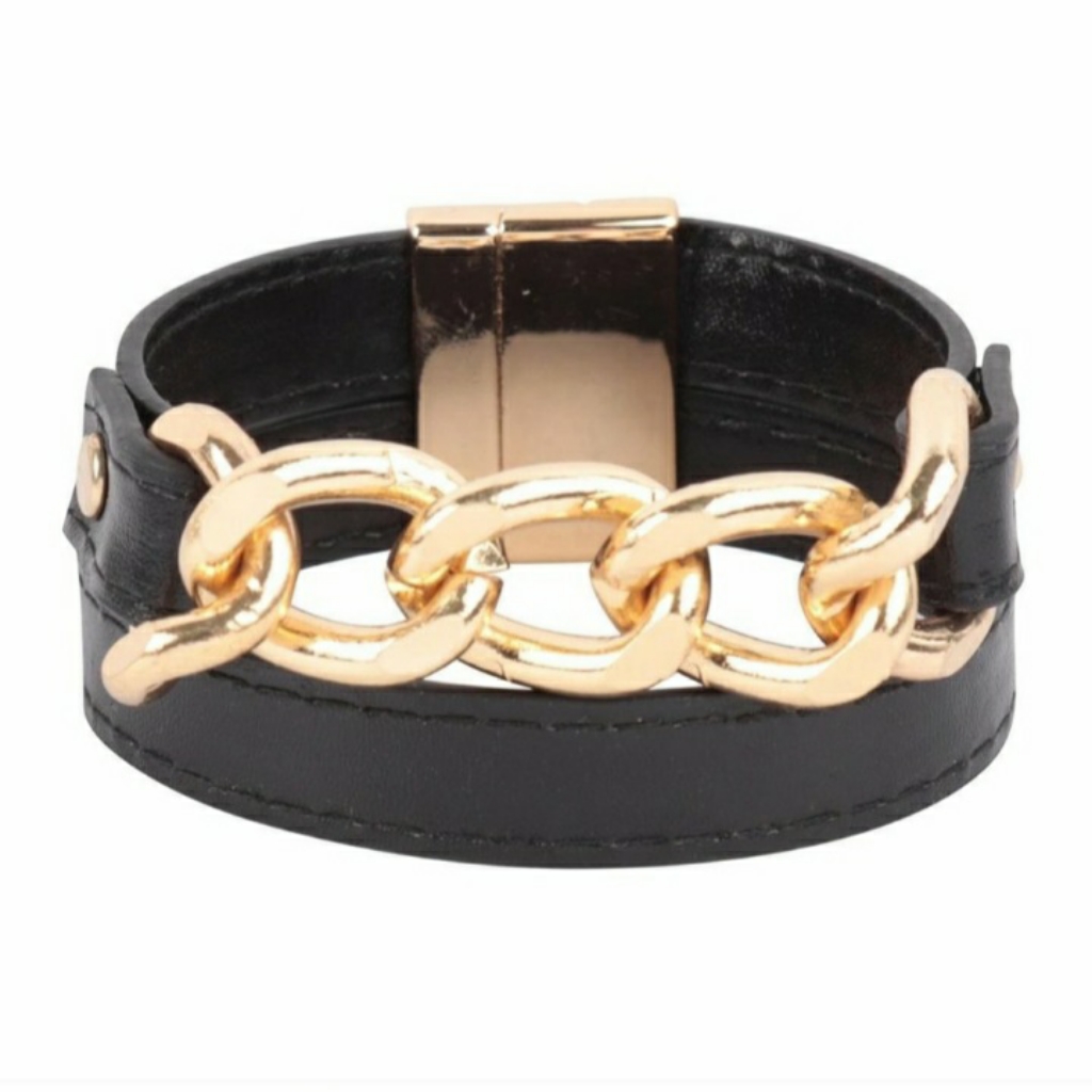 Black Leather Chain Magnetic Clasp Bracelet